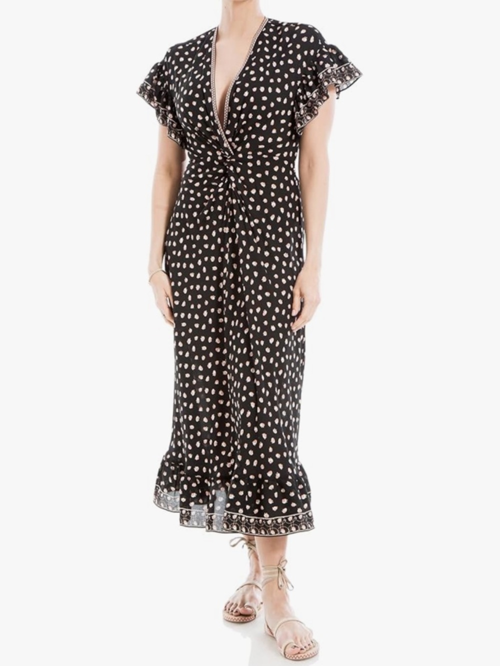 Max Studio Black Flutter Sleeve Ruffles Twist Front Print Midi Dress S NWT